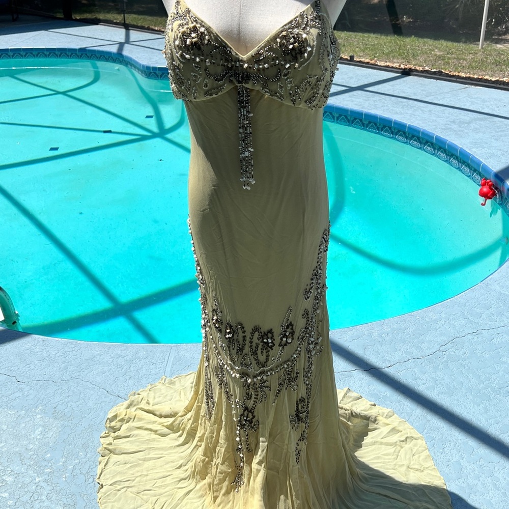 Vintage Xscape pastel green beaded formal prom dress